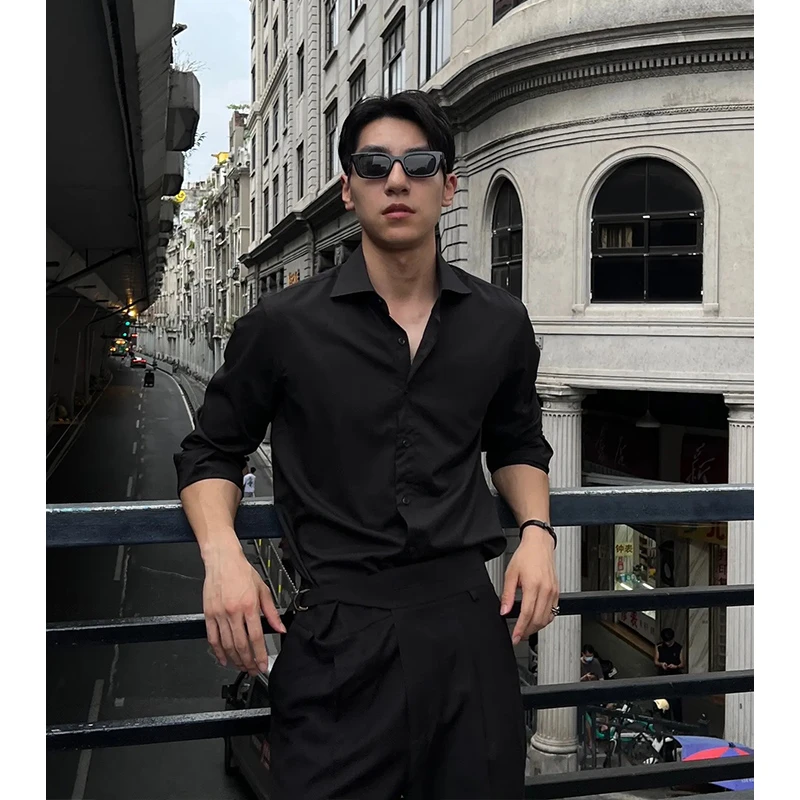 高级感纯黑色衬衫男士修身长袖上衣英伦雅痞男装冰丝垂感内搭衬衣