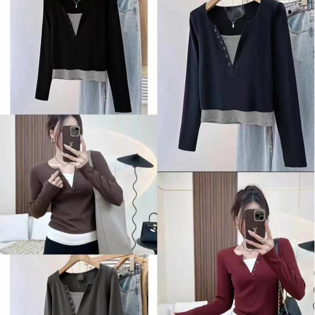 假两件气质长袖上衣V领洋气百搭衫显瘦新款修身内搭打底衫短款T恤