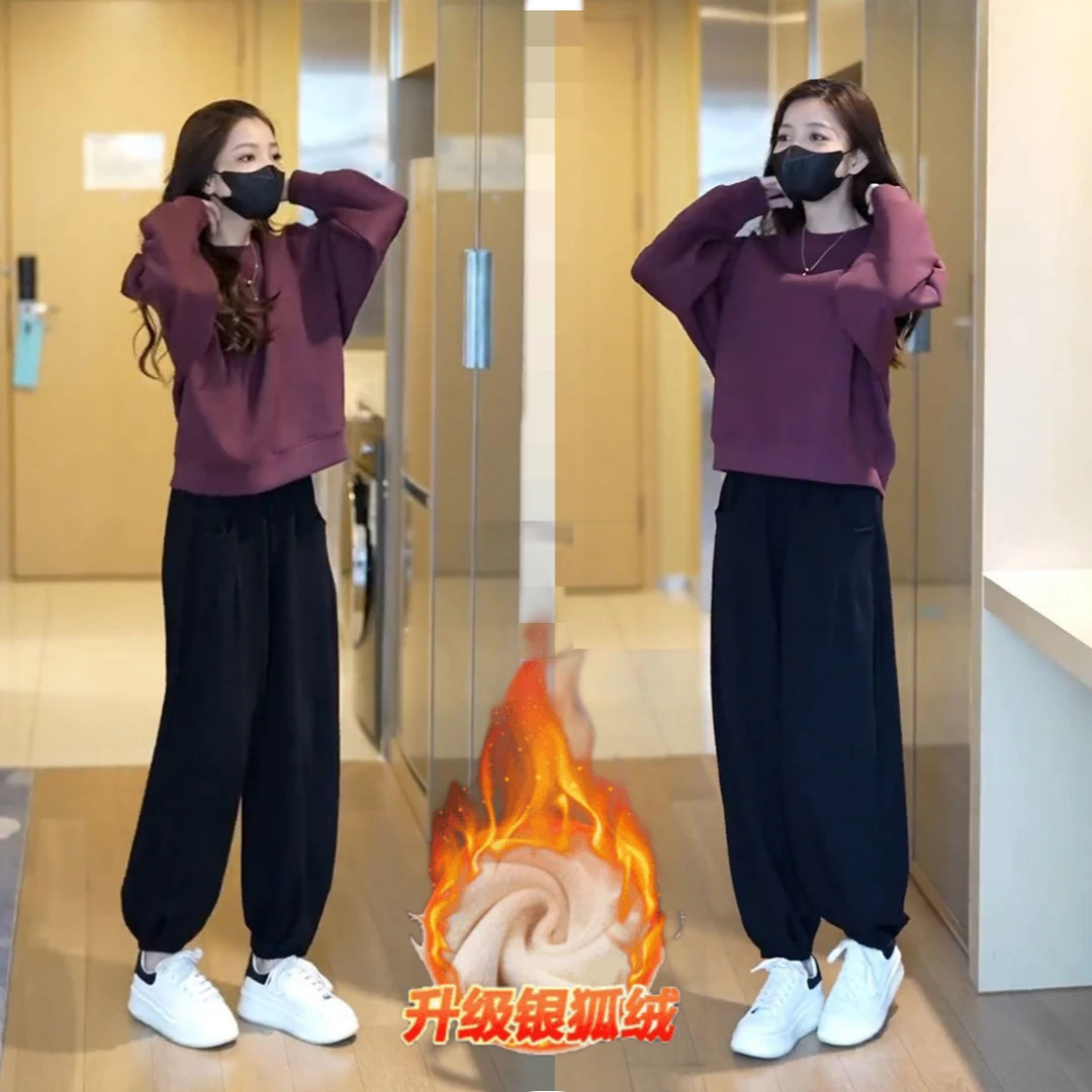加绒加厚纯棉休闲风运动套装女秋冬季新款韩版宽松卫衣时尚两件套