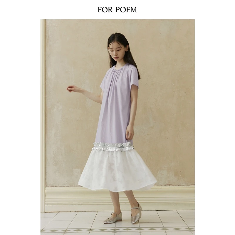 ForPoem 24/SS 原创设计夏季金属花边蕾丝拼接撞色圆领短袖连衣裙