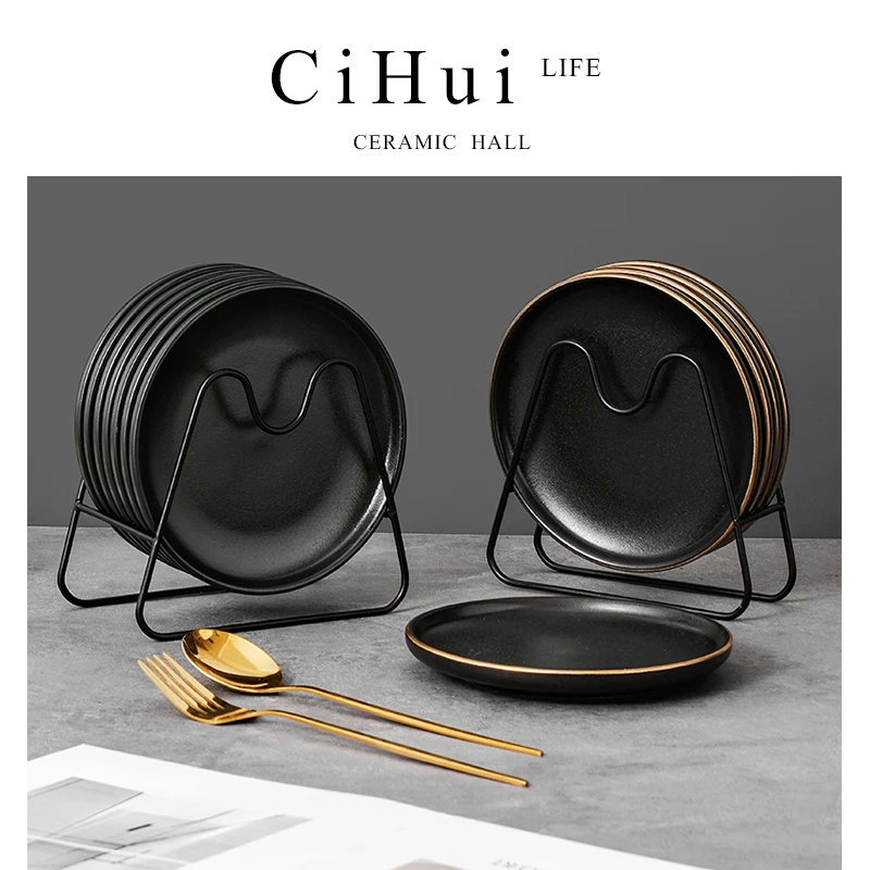 家用陶瓷吐骨碟纯黑釉下彩轻奢描金高颜值垃圾渣碟点心碟子蛋糕碟