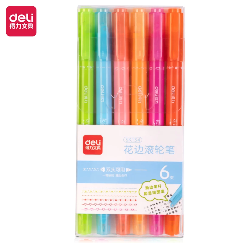 得力SK134花边滚轮荧光笔(混)(6支/盒)
