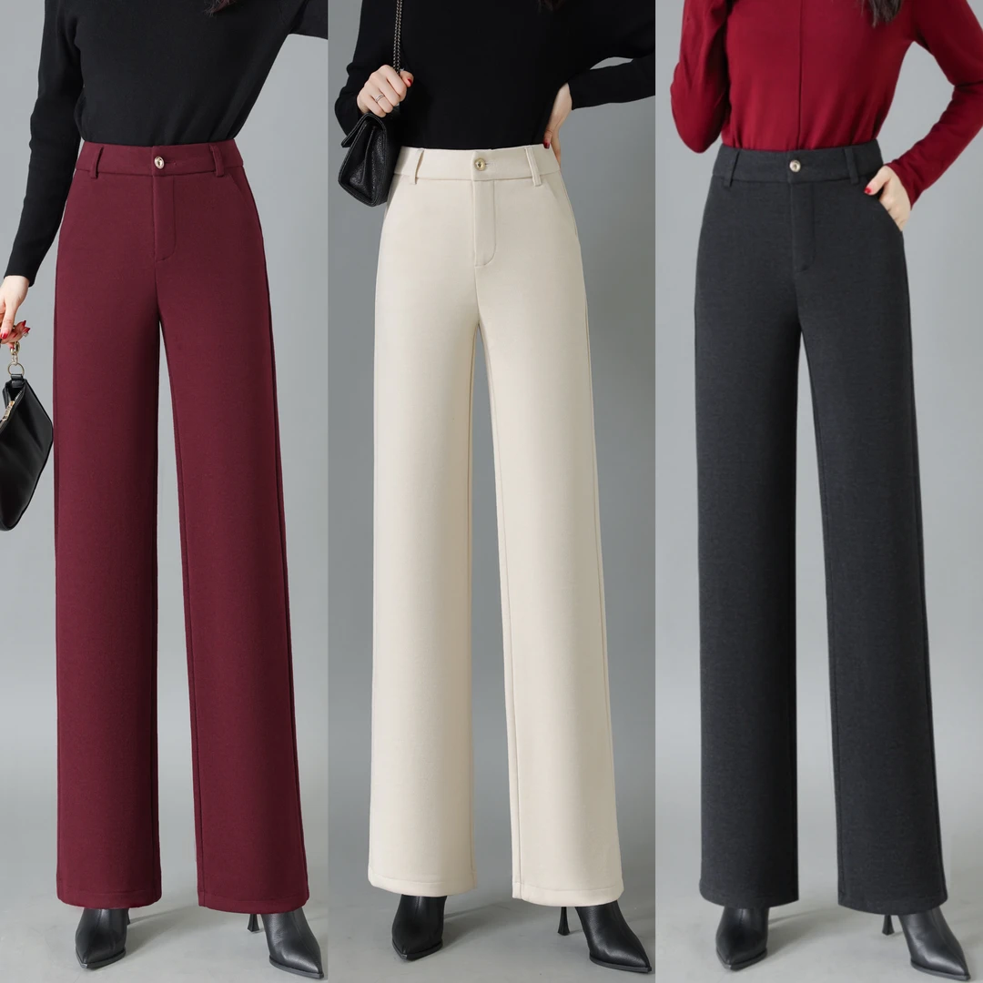 小个绵羊毛醋酸人字纹高腰显瘦窄版阔腿直筒裤2024秋冬新款加绒裤