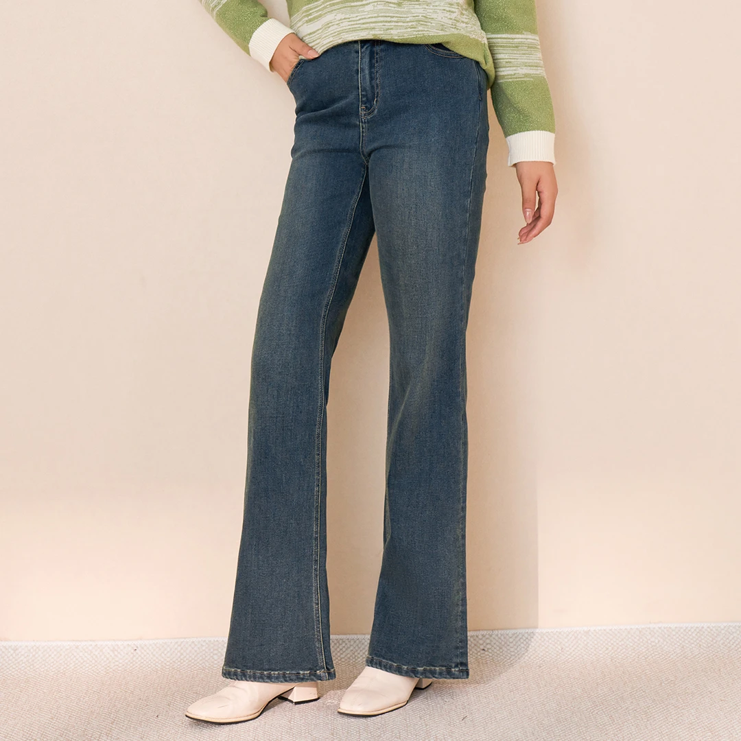 【磨毛火山岩】MsShe大码女2024秋冬微喇叭牛仔加长裤A~M2410135