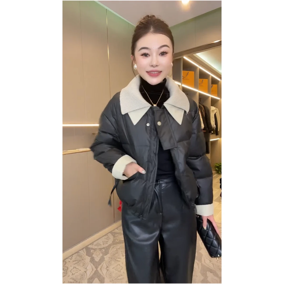 秋冬新款欧货短款冬季棉服拼接针织大翻领时尚百搭休闲短外套棉服