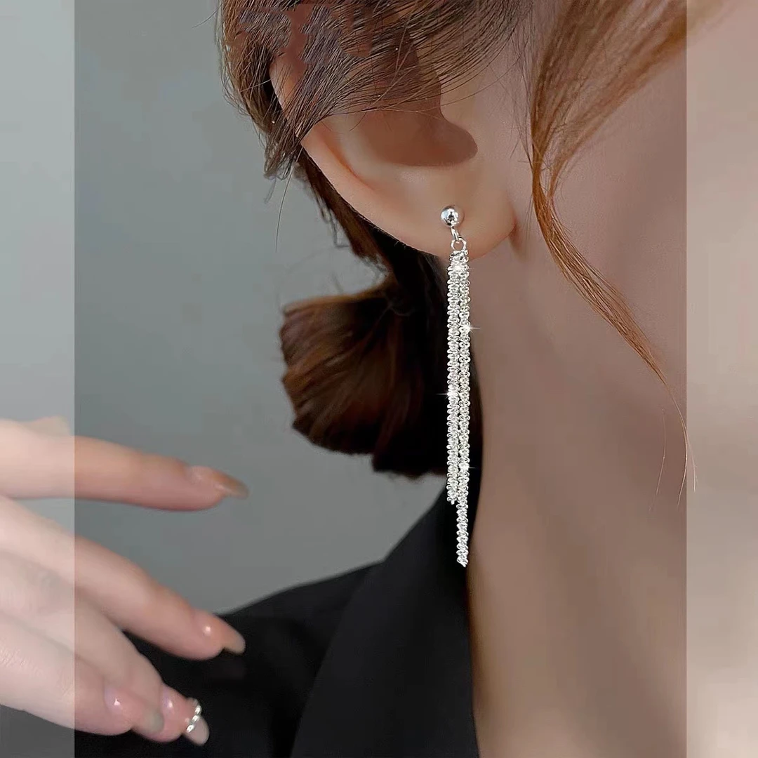 925银耳饰 波光粼粼满天星流苏耳环长款耳饰