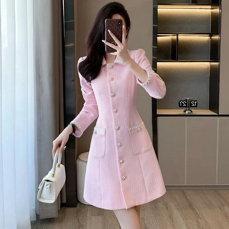 小香风秋季秋冬气质女装法式高级感名媛洋气时尚粉色中长款外套