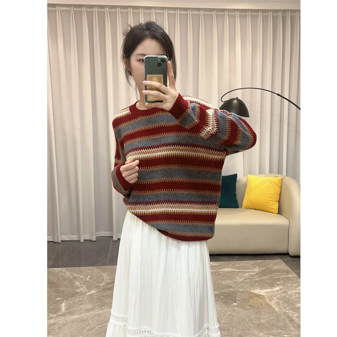 【减龄小清新】秋冬减龄百搭设计感条纹套头长袖羊绒衫70-855