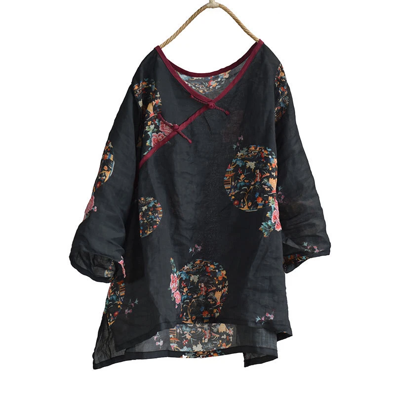 苎麻数码印花上衣V领盘扣宽松衬衫春夏新款女