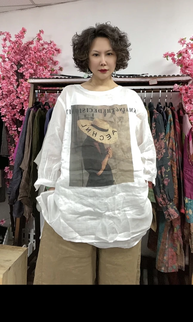 夏季新款文艺圆领宽松型印花苎麻衬衫五分袖