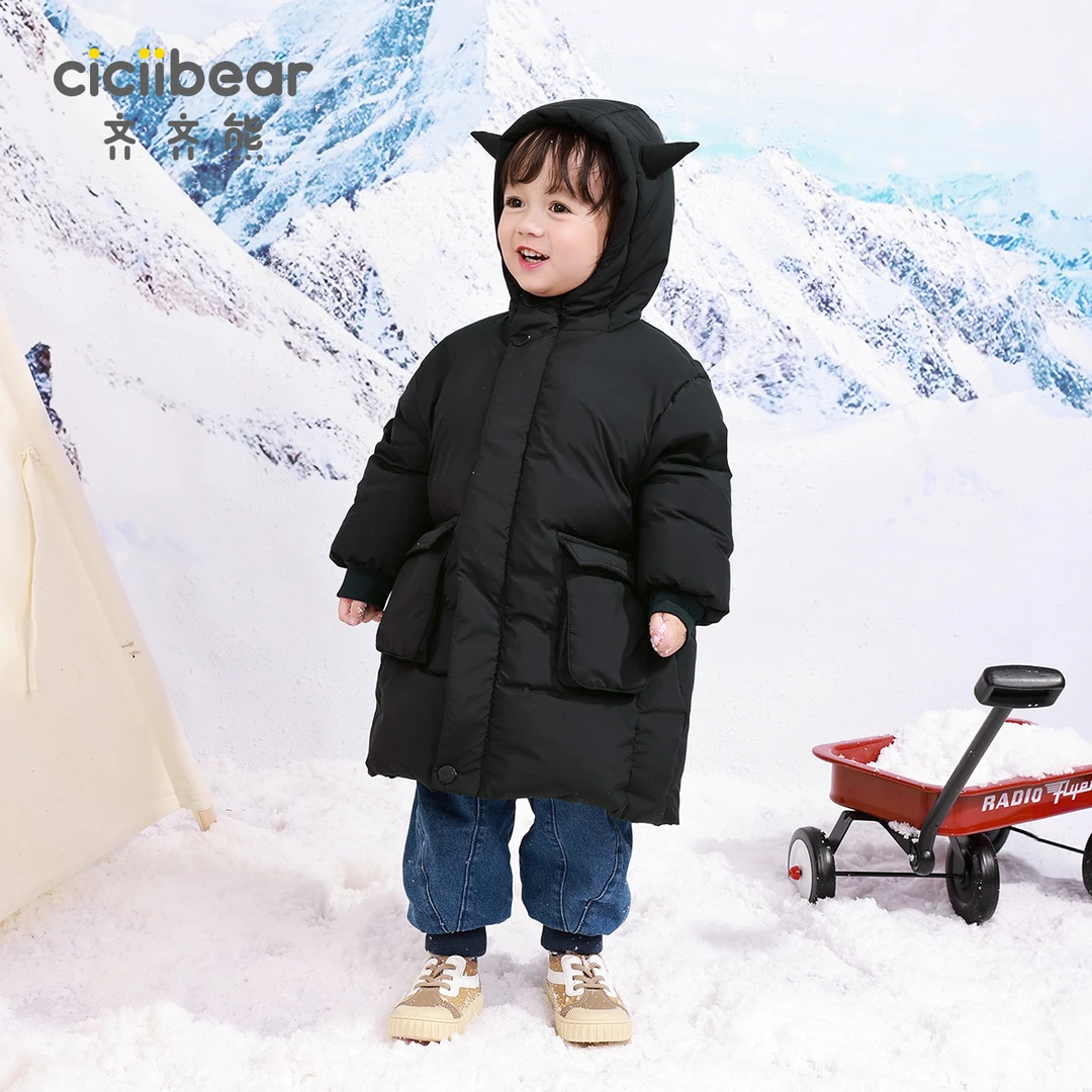 男女童恐龙连帽长款90白鸭绒羽绒服QQ9112