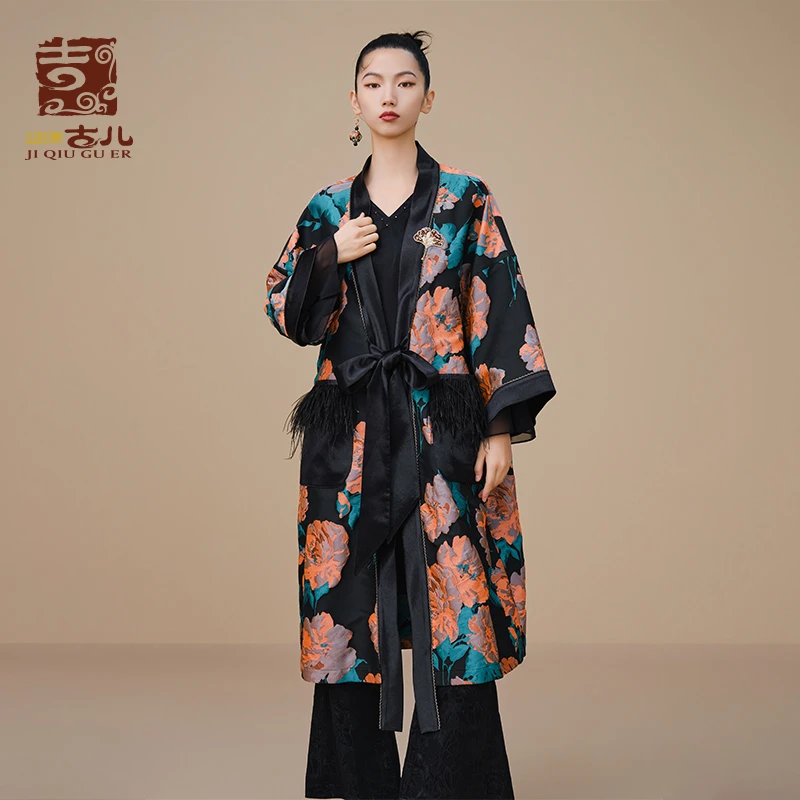 吉丘古儿橘朗海棠提花外套女士中式复古中长款宽松开衫G233Y062