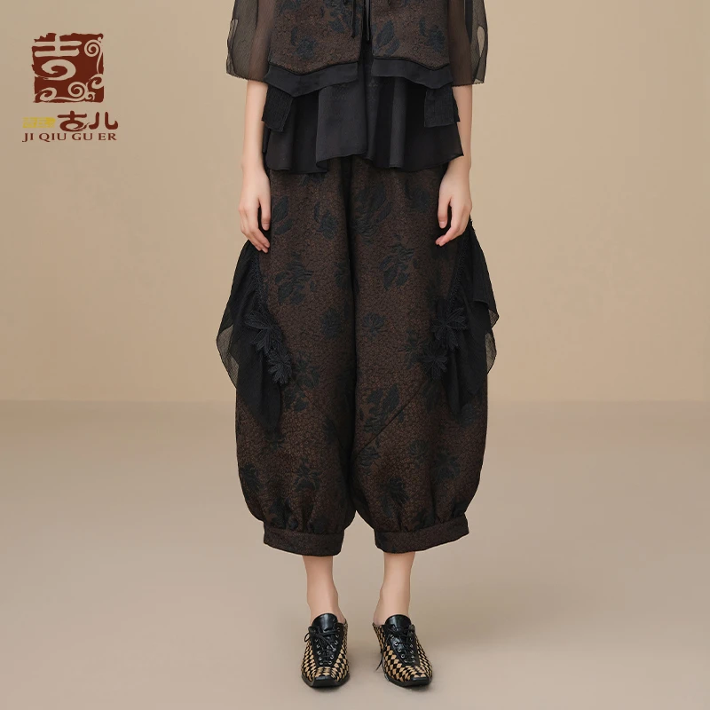 吉丘古儿休闲裤复古提花束脚萝卜裤通勤百搭七分裤国风G233K011