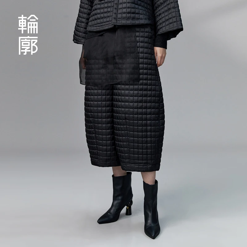 轮廓方棋格纹新中式棉裤复古秋冬休闲时尚宽松保暖阔腿裤L234K003