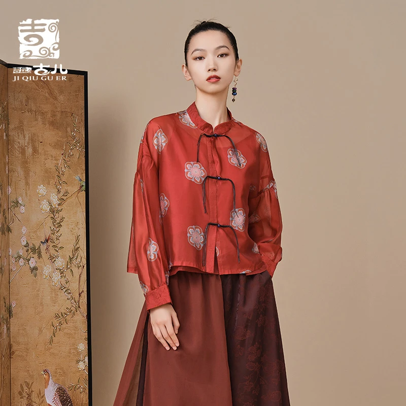 吉丘古儿新中式衬衫原创设计复古小立领上衣女装印花衬衣G231Y059