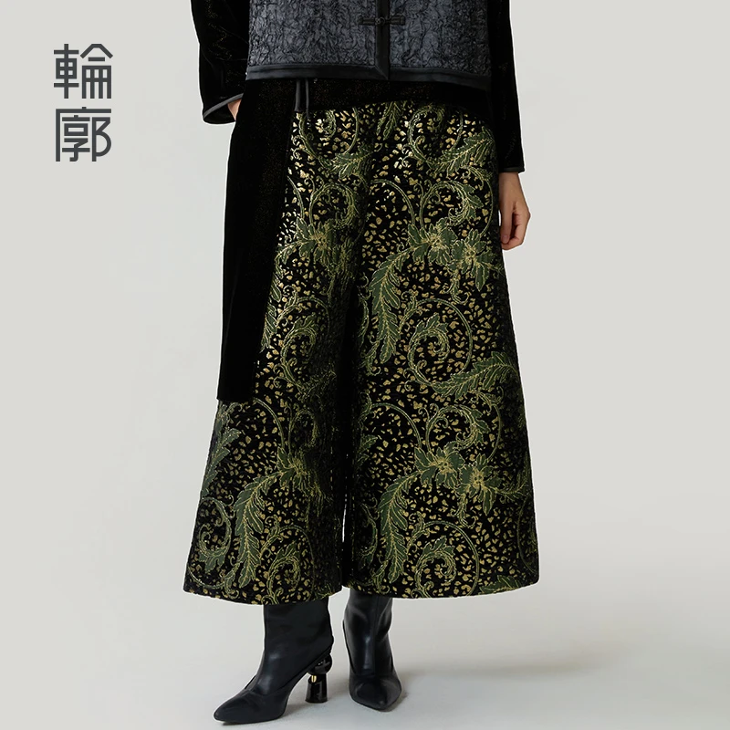 轮廓兰亭集复古提花休闲裤民族风时尚阔腿九分裤百搭通勤L243K010