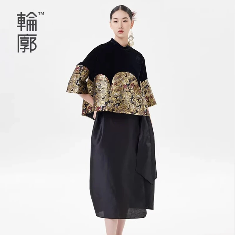 轮廓国风新中式短外套复古琥珀流光提花丝绒拼接花苞上衣L211Y009