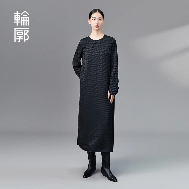 轮廓兰亭序国风连衣裙原创设计复古暗纹提花优雅中式长裙L233Y039