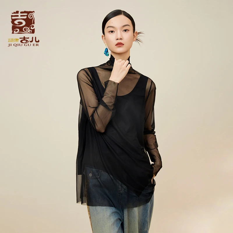 【小居专属】吉丘古儿打底衫黑色网纱气质蕾丝上衣女G243Y099