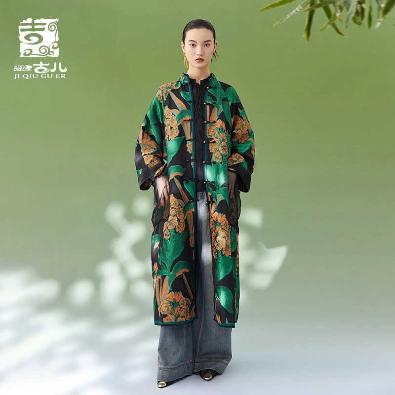 吉丘古儿花漾春日提花风衣外套复古优雅浪漫气质中长外衣G241Y005