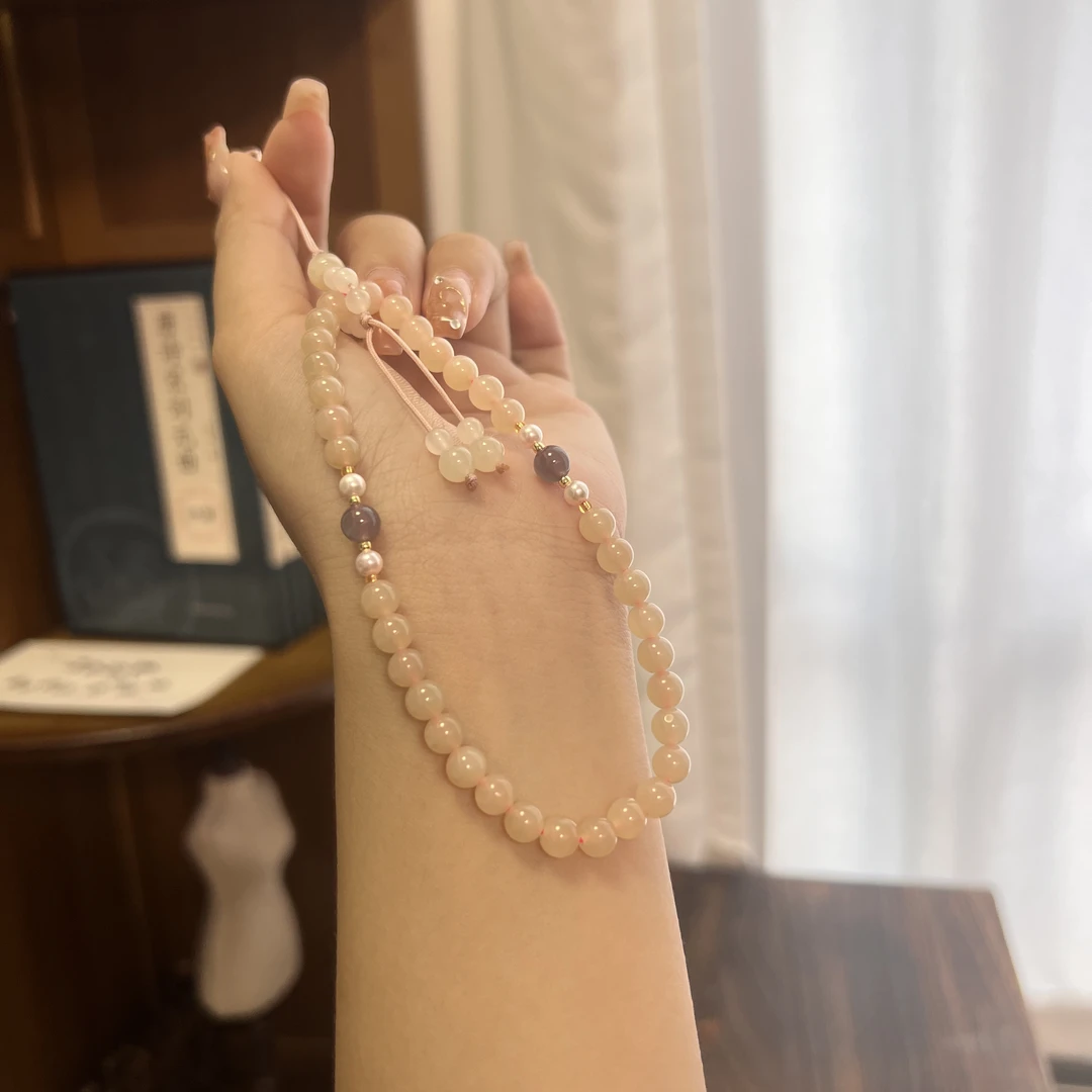 【藕粉手机挂】和田玉藕粉手机挂6mm圆珠设计款 I1662-1