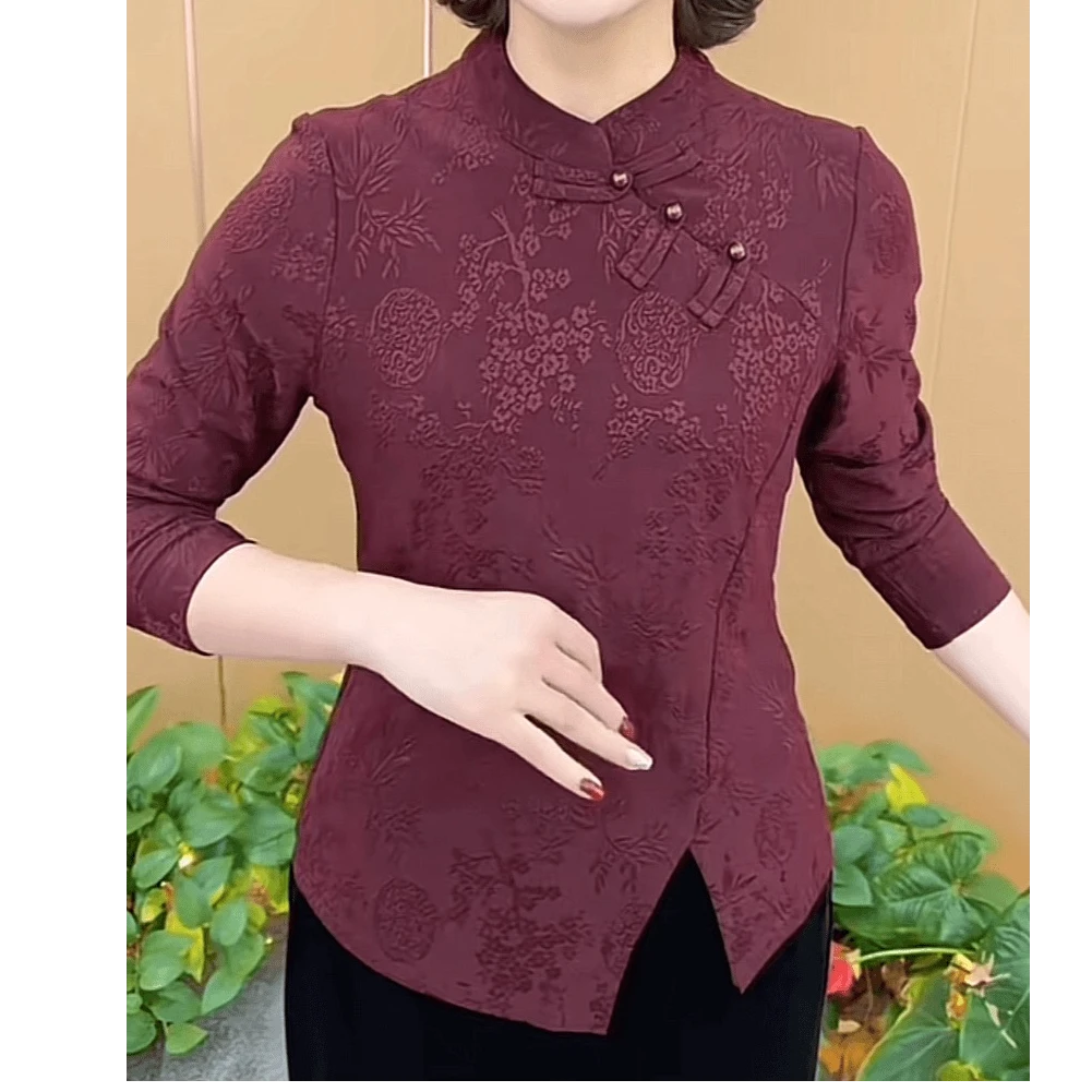 中国风新款妈妈装提花长袖显瘦时尚盘扣新中式打底衫气质百搭上衣
