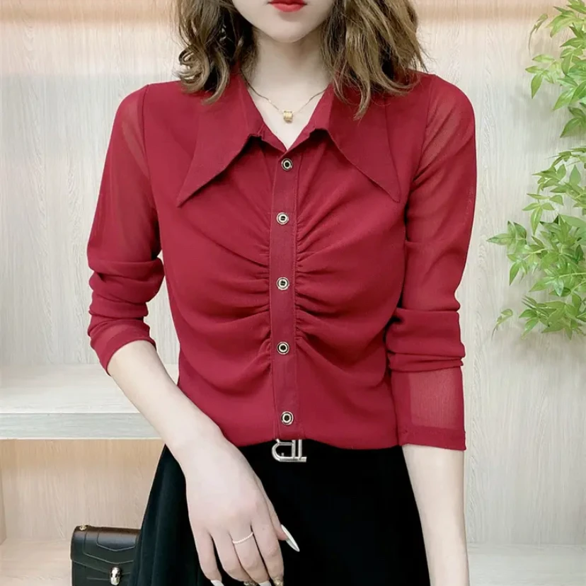 2024秋季新款时尚洋气捏皱衬衫衬衣领时尚遮肉显瘦气质小衫上衣