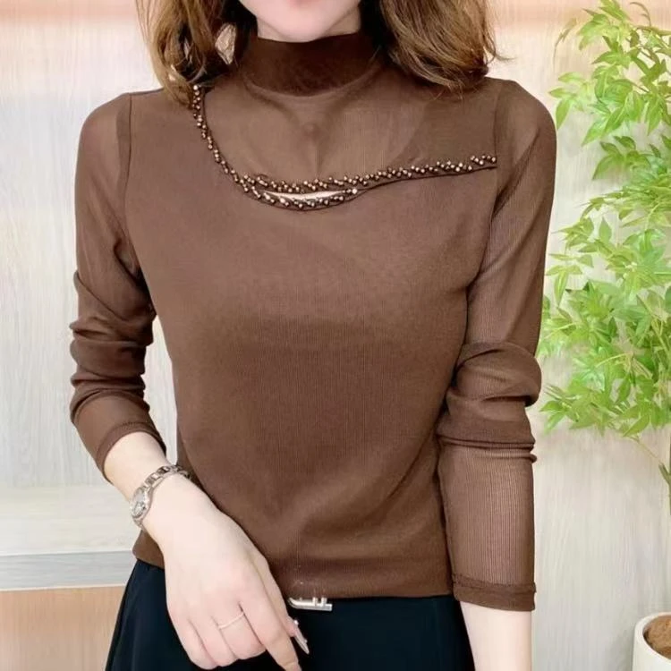 2024春秋新品长袖T恤小衫时尚气质显瘦手工钉珠打底衫半高领