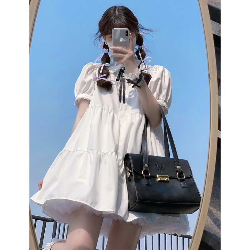 东京岁时记jk夏季甜美白色温柔风法式泡泡袖宽松连衣裙方糖公主