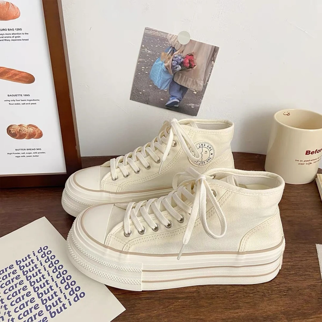 厚底帆布鞋女2025新款春秋季透气小白鞋休闲百搭板鞋女高帮爆款