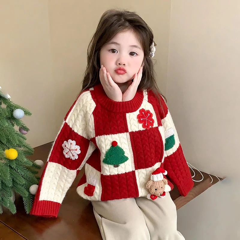 女童加厚毛衣秋冬季儿童拜年服红色喜庆针织内搭女宝宝圣诞节线衣