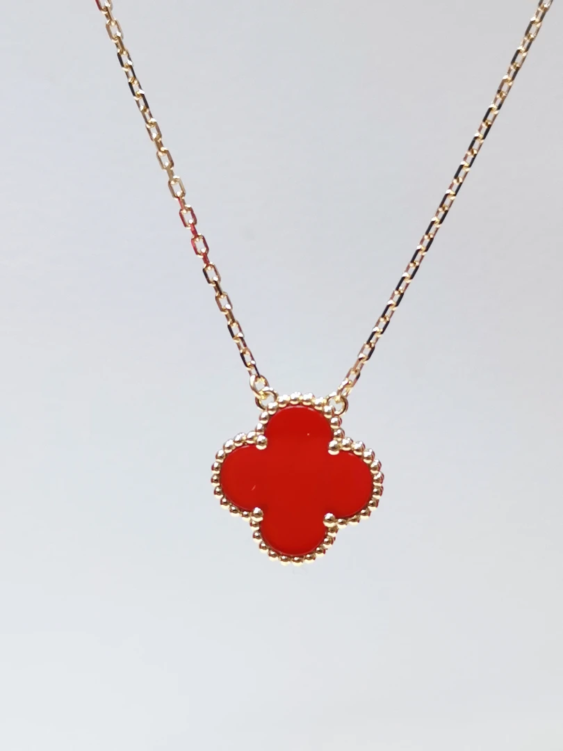 18K金红红火火四叶草套链轻奢时尚红色气质双面经典坠链镶嵌精美