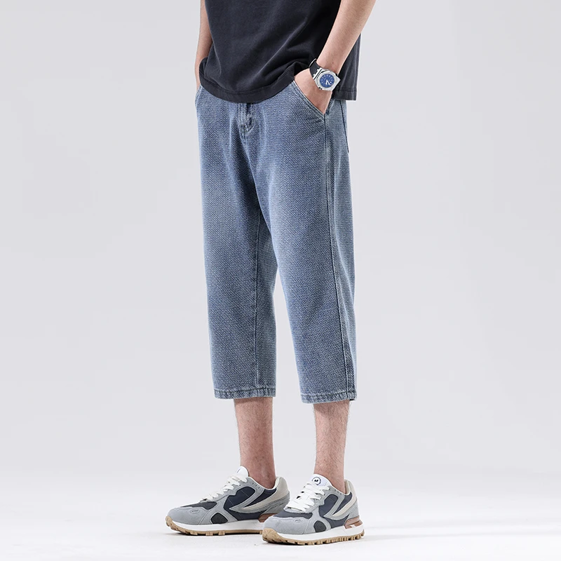 夏季新品薄款宽松直筒男士牛仔裤潮流简约流行个性时尚七分裤606