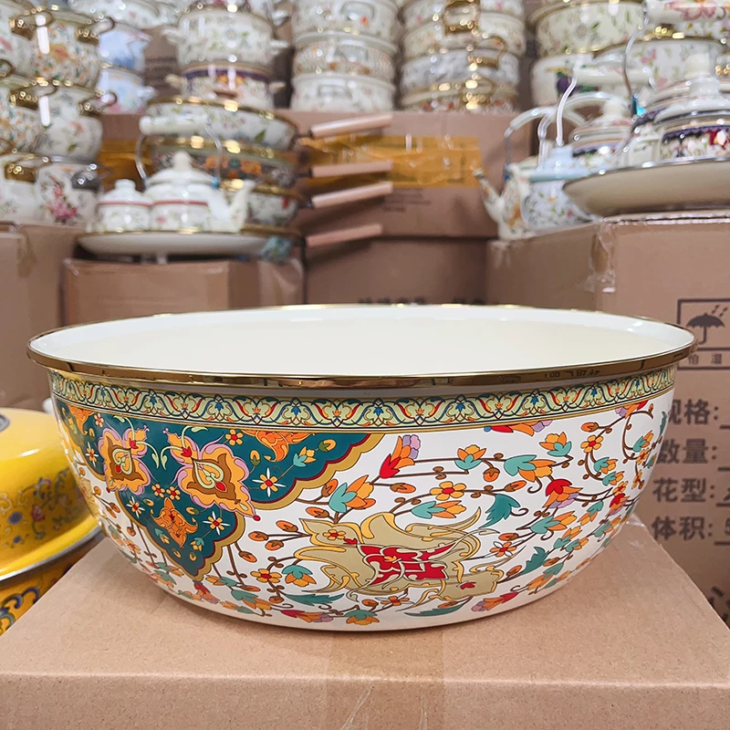 36cm盆俄罗斯花搪瓷盆食品级加厚和面盆家用洗脸盆怀旧复古盆子
