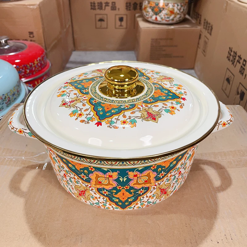 26cm珐琅搪瓷俄罗斯花大汤锅炖锅煮面带盖双耳汤煲平底熬中药粥锅