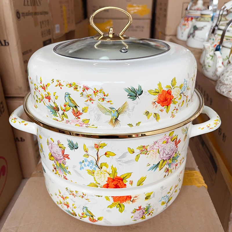 26cm蒸锅花鸟珐琅搪瓷双层蒸锅家用陶瓷复底大容量加厚双料炖汤锅