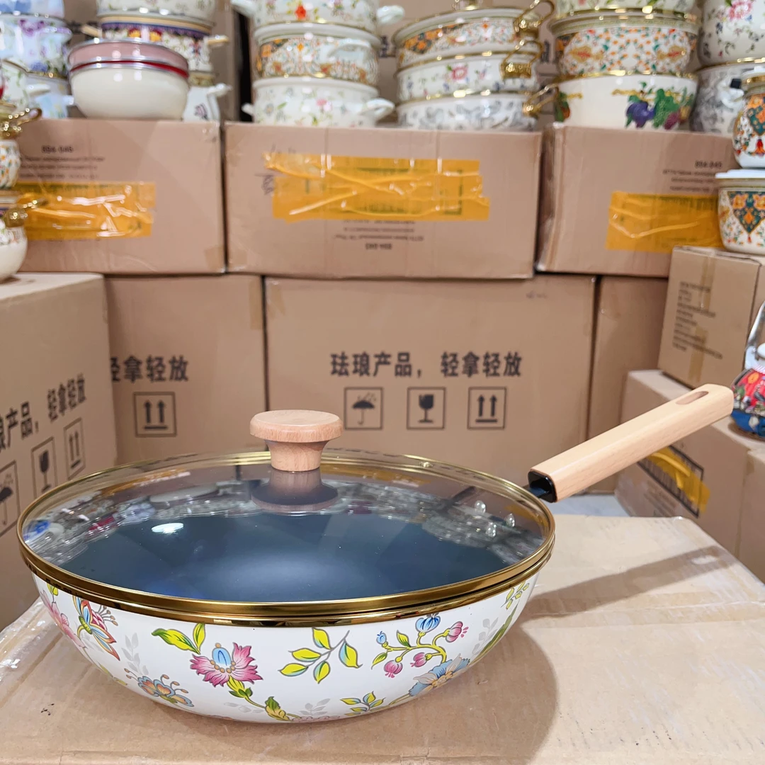 【MY】31芳香炒锅珐琅搪瓷无涂层加厚不粘锅木柄燃气电磁灶电陶炉