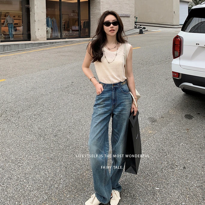 【Lilylikes】经典金属装饰链条重工水洗猫须直筒牛仔裤