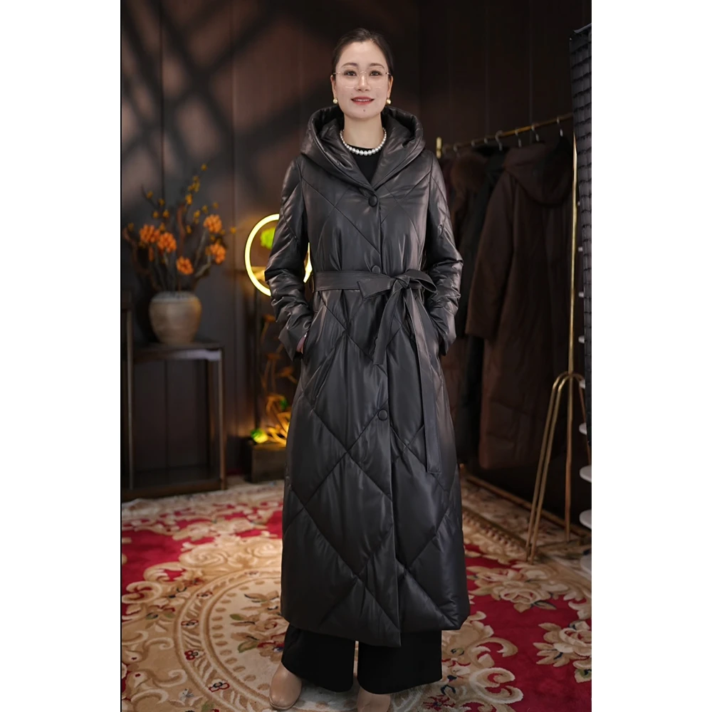 1.2米长款过膝显瘦真皮鹅绒服女连帽时尚绵羊皮保暖羽绒服皮衣