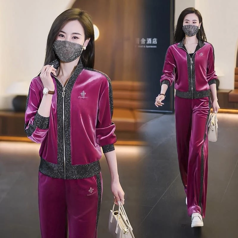 春季新款洋气金丝绒两件套运动休闲气质立领开衫外套直筒裤套装女