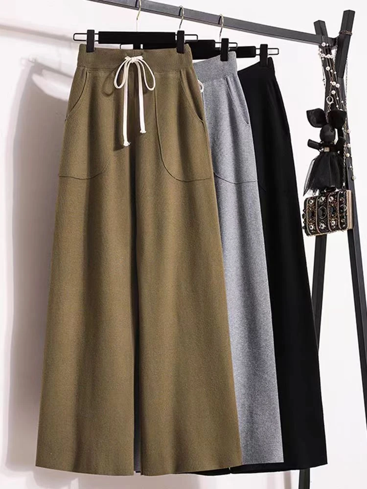 （01-70）秋冬气质系带高腰针织阔腿裤长裤坑条纹显瘦宽松阔腿裤