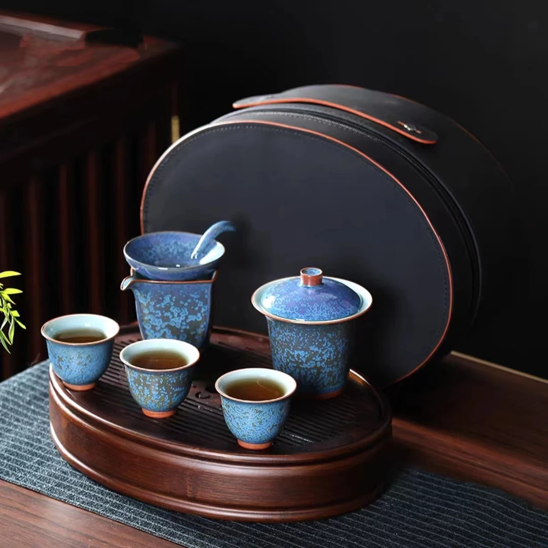 张金溪老师浮翠蓝玉旅行茶具套装带九竹茶盘一壶三杯便携功夫茶具