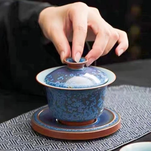 浮翠蓝玉高端三才盖碗茶具大号高档悬停盖碗杯挂盖手工陶瓷茶碗