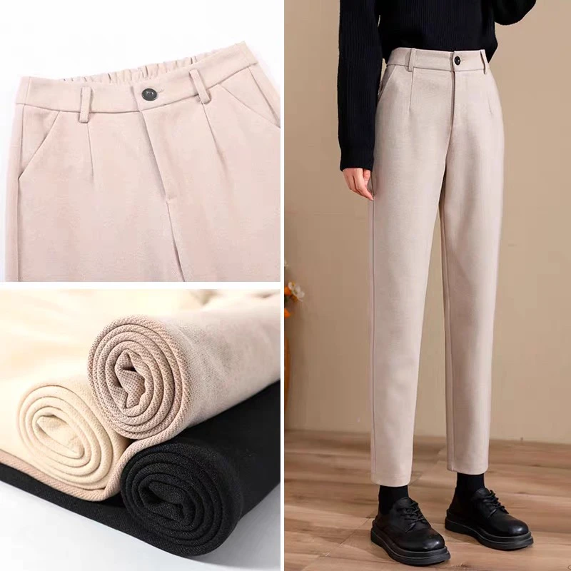 燕麦色毛呢裤女2024秋冬新款九分裤子休闲百搭高腰显瘦哈伦烟管裤