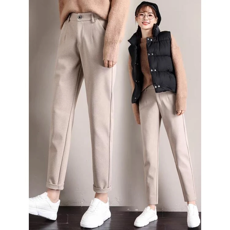毛呢裤子女2024秋冬新款西装宽松显瘦哈伦裤直筒休闲萝卜加绒长裤