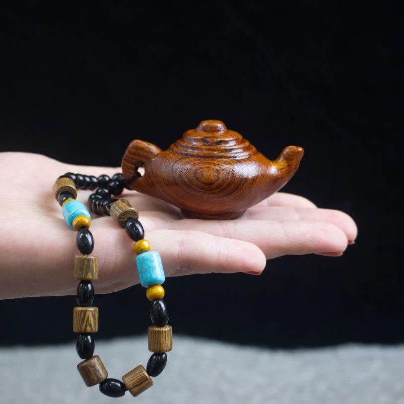 花梨木把把壶木雕素面雕花茶壶挂件木质手玩把件实木摆件送黑绳