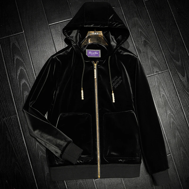 秋季新款金丝绒长袖夹克连帽休闲宽松上衣男士外套ZR80107