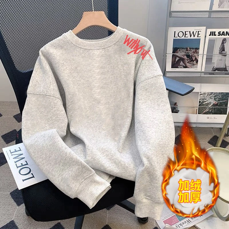 美式潮牌圆领套头卫衣男秋冬季加厚加绒上衣字母印花打底男士长袖