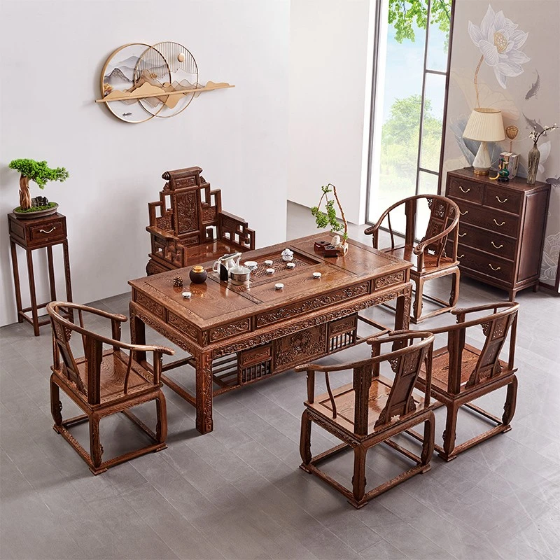 鸡翅木双福茶桌红木大尺寸仿古雕刻茶台办公豪华双用茶桌办公桌