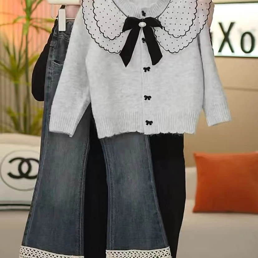 女童2024秋款上新大翻领蝴蝶结毛衣+牛仔花边牛仔裤套装